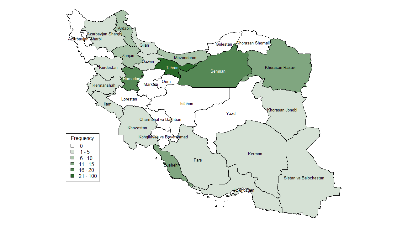 Geographical distribution of authors in Iran